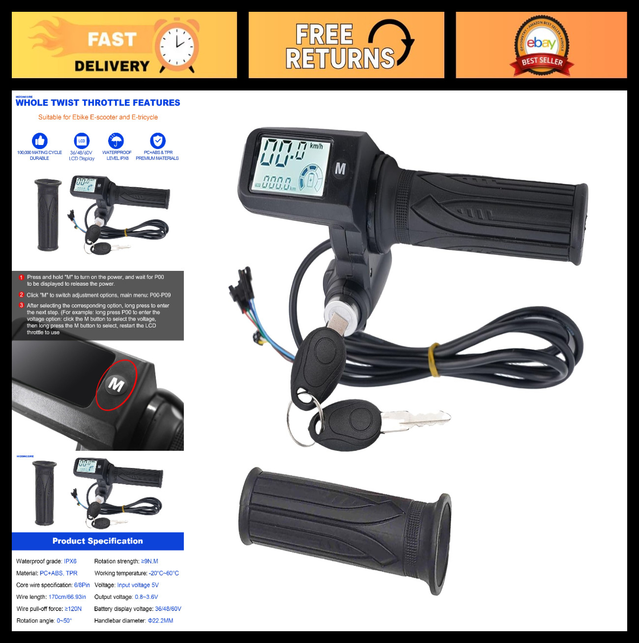 Universal 8 Pin Twist Throttle for E-Bike & Scooter, 36V/48V/60V, LCD Display, K
