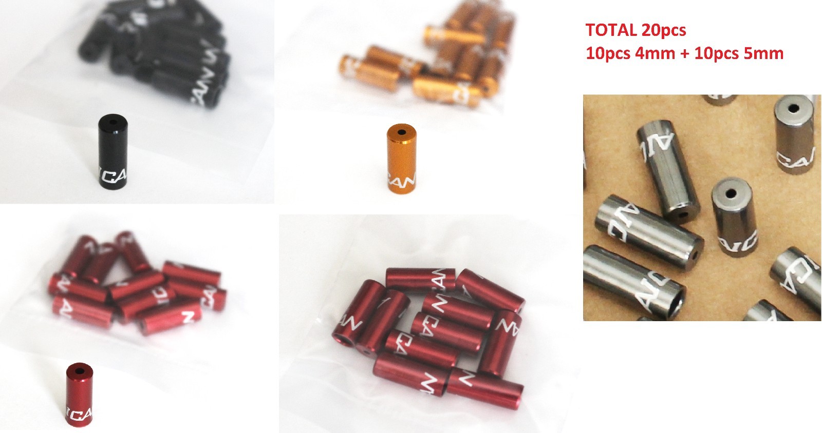 Aican Bike Anodized Alloy Brake Shift Housing Lined Ferrule End Cap 4, 5mm, 20pc