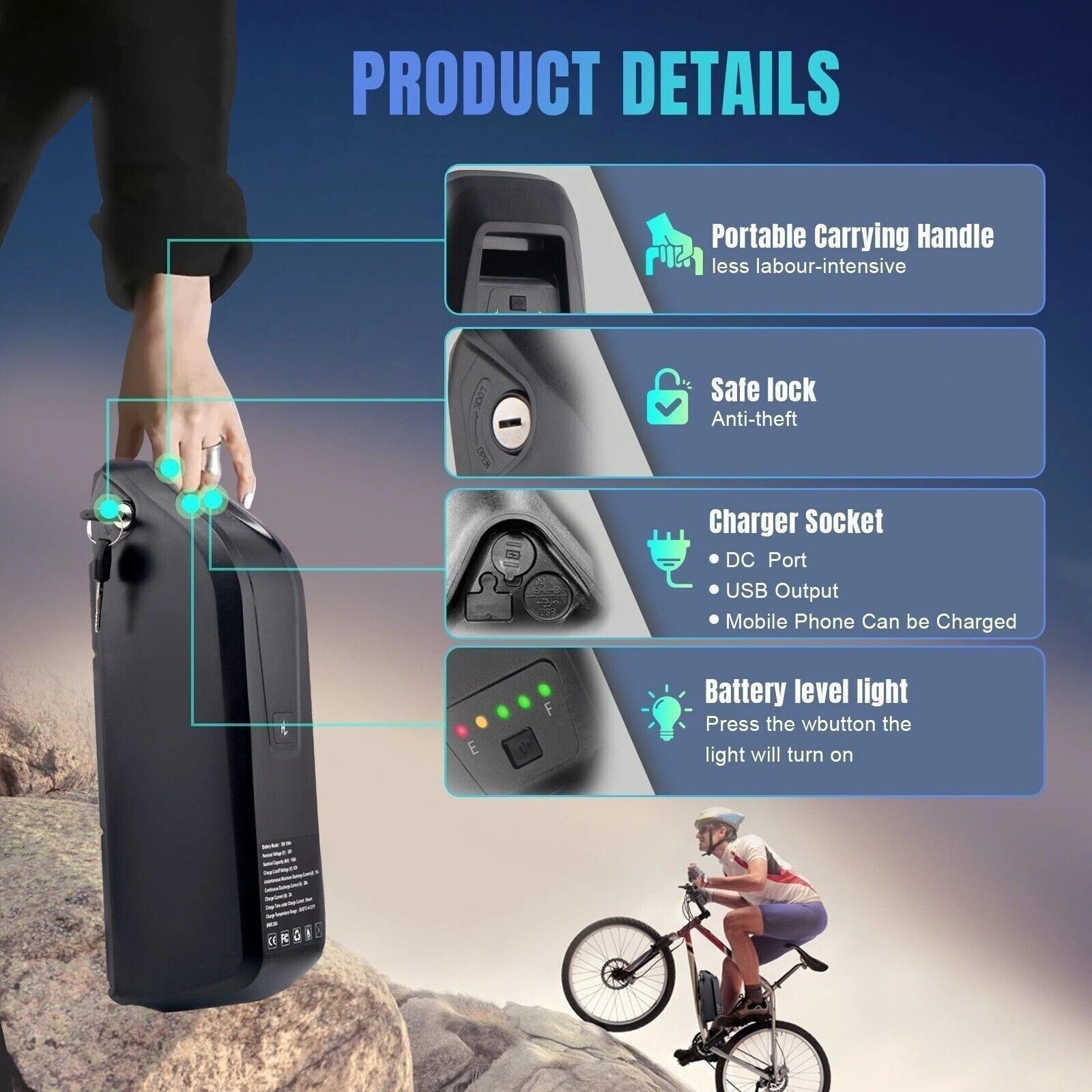 5PIN 48V 10Ah/15Ah/20Ah Electric bicycle Ebike lithium battery 200W-1800W Motors