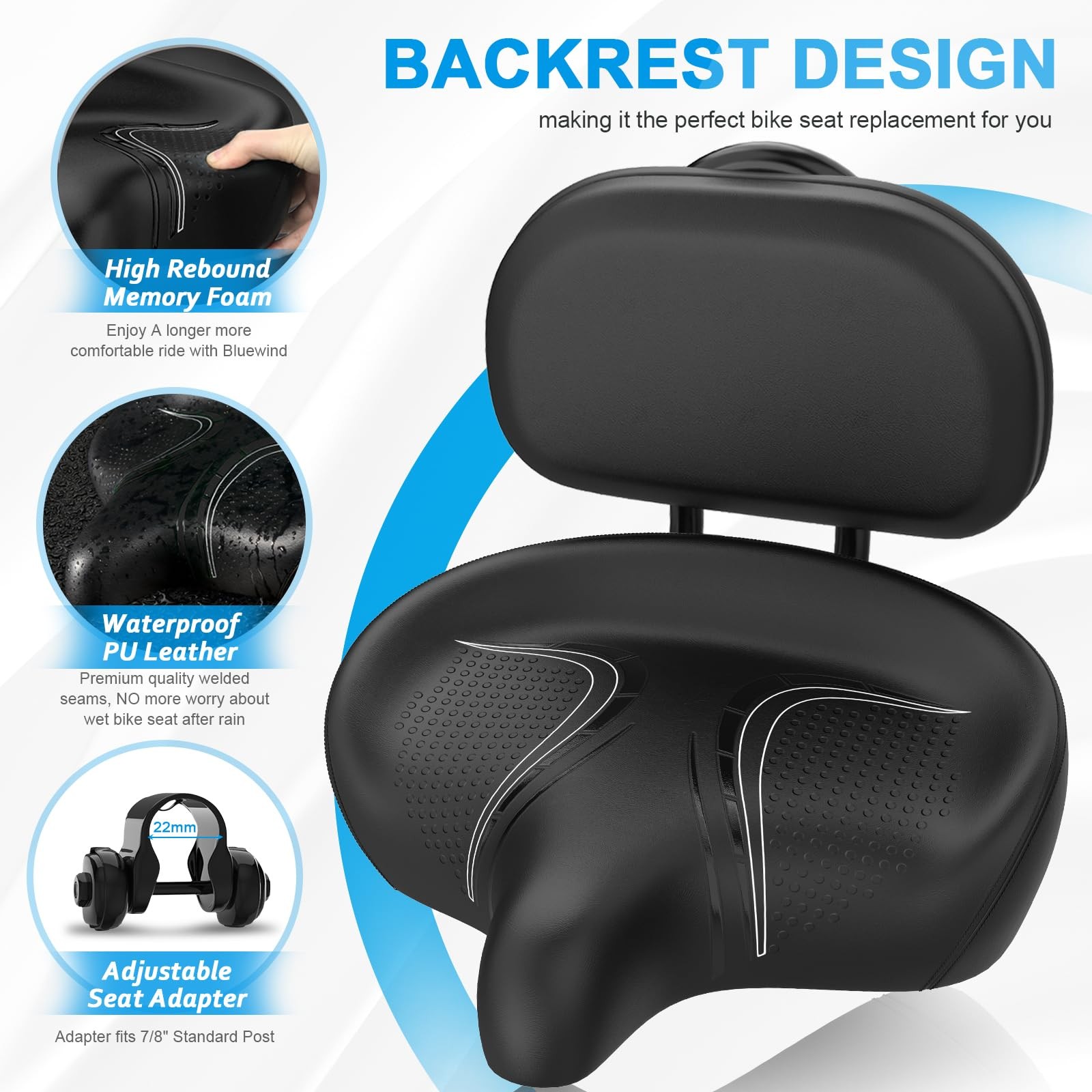 BLUEWIND Oversized Bike Seat with Backrest, Design for Electric Bike, High Me…