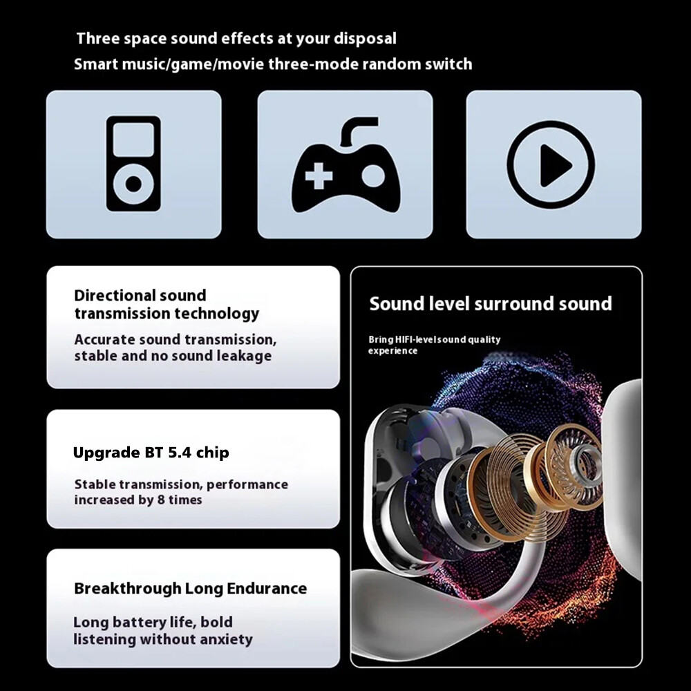 Bluetooth 5.4 Headphones Wireless Earbuds Open-Ear Sport Headset Touch Screen