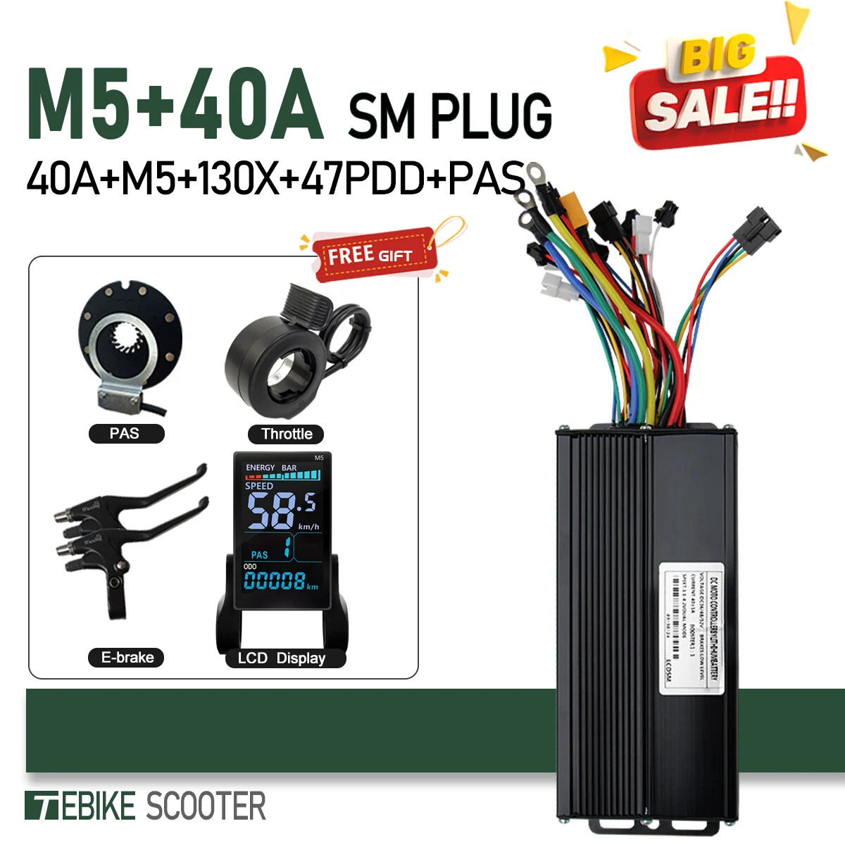 E-bicycle Sine Wave 3 Mode Controller Set 17A 26A 30A 40A with Color M5 Display