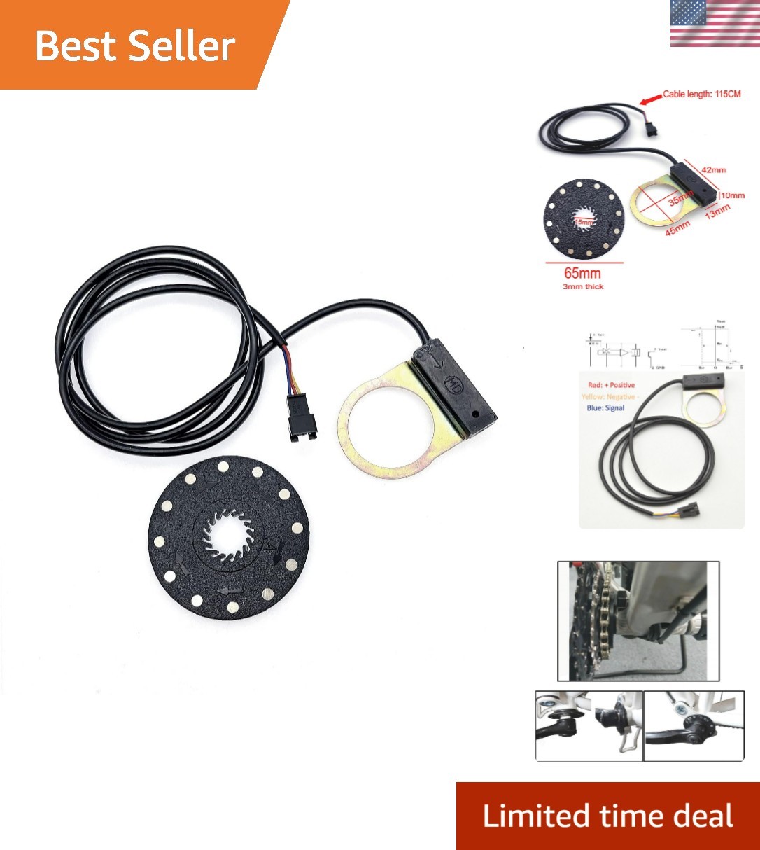 Electric Bike Pedal Assist Sensor, 3 Pin, 12 Magnet, Black, Plastic, Modern S…
