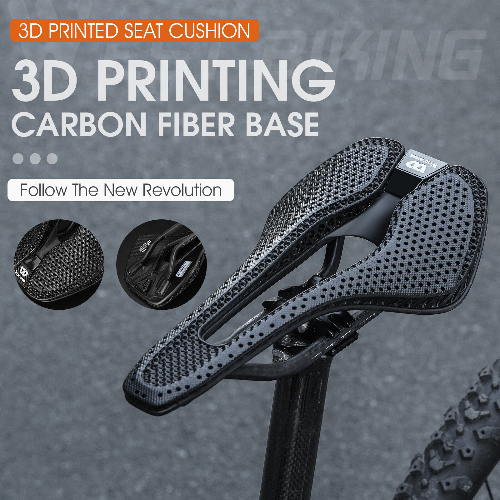 WEST BIKING Carbon Fiber 3D Printed Saddle Road Bike Bicycle Hollow Cushion 185g