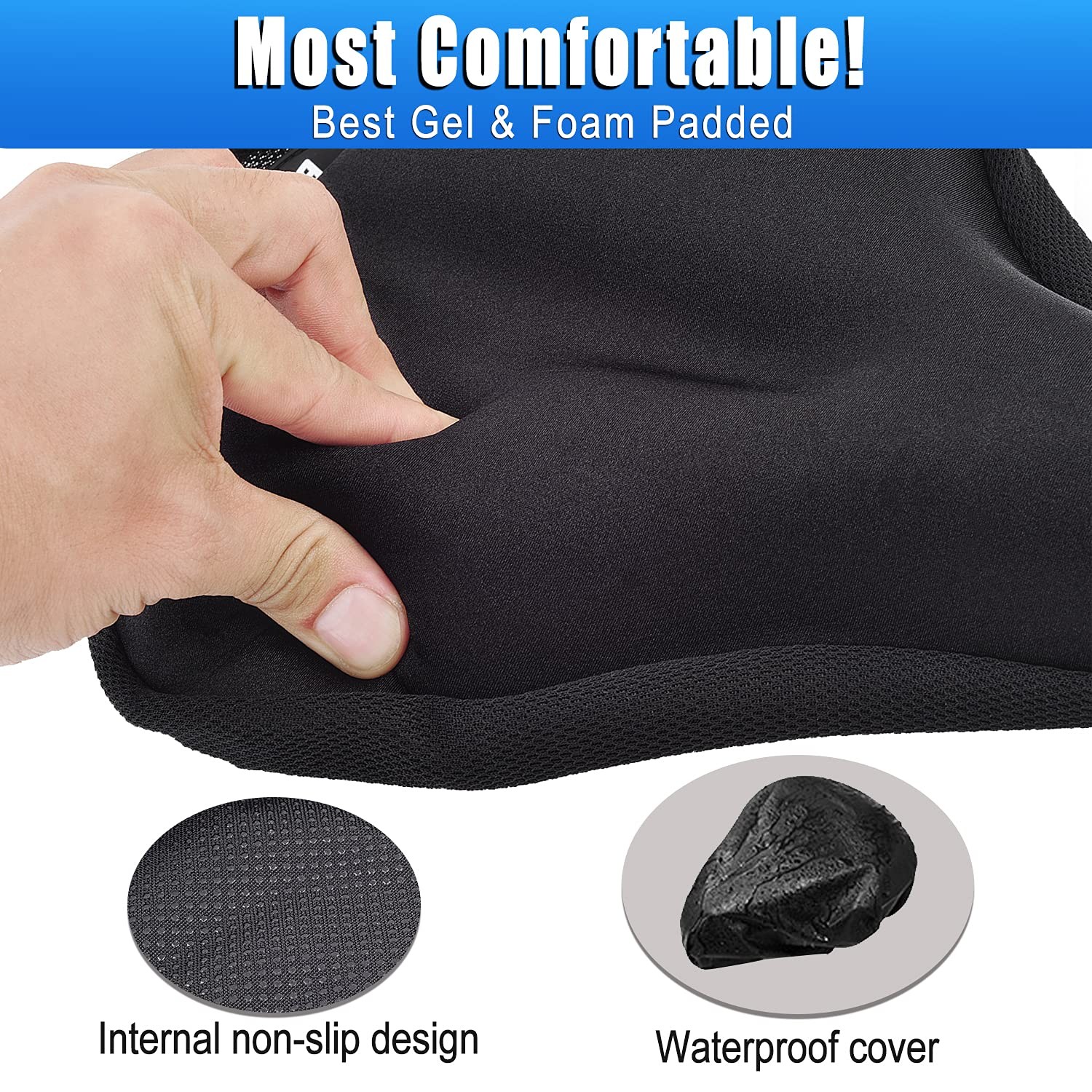 Thick & Wide Gel Bike Seat Cushion Cover Pad with Rainproof Cover – Comfortab…