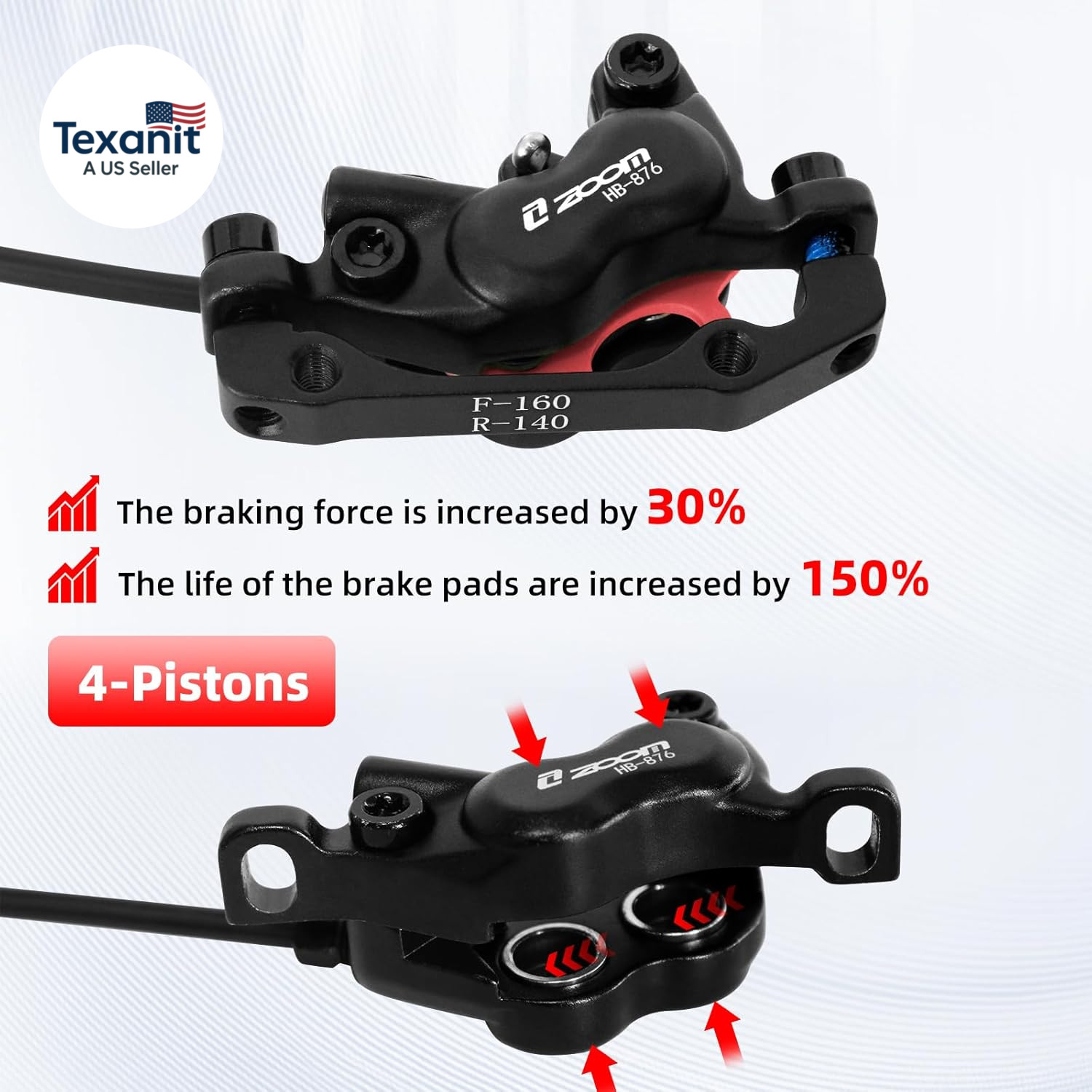 Z00M HB876E 2-PIN 4-Pistons E-Bike Electric Power-Off Hydraulic Brake Set, Pre-B