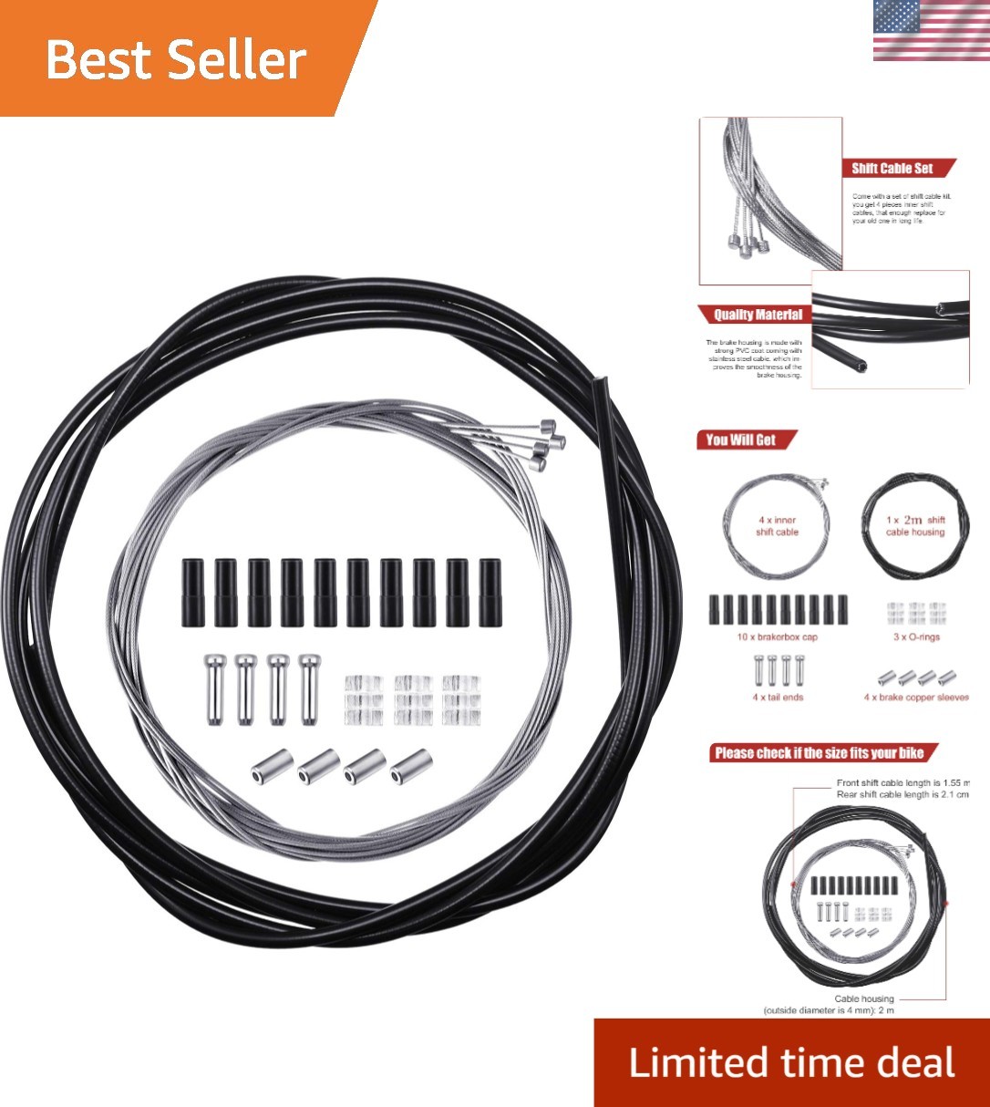 4 Pack Bike Gear Cable Kit – Universal Shifter Housing for Mountain & Road Bikes