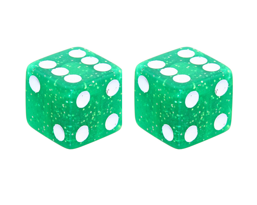 NEW! VINTAGE DICE VALVE CAPS IN GLITTER GREEN USED FOR SCHRADER VALVE.