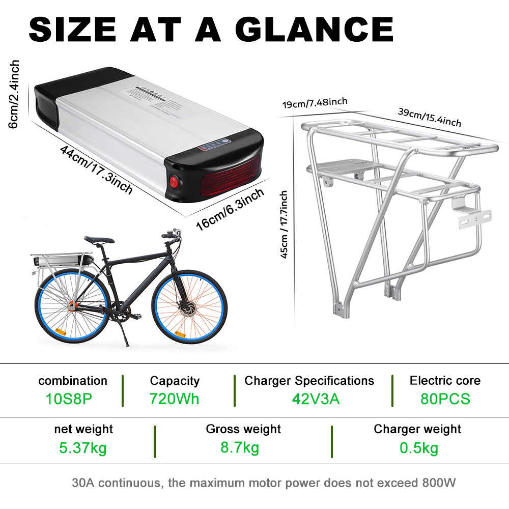 E Bike Battery 36V 20Ah Rear Rack Battery Kit Electric Bike Battery Replacement