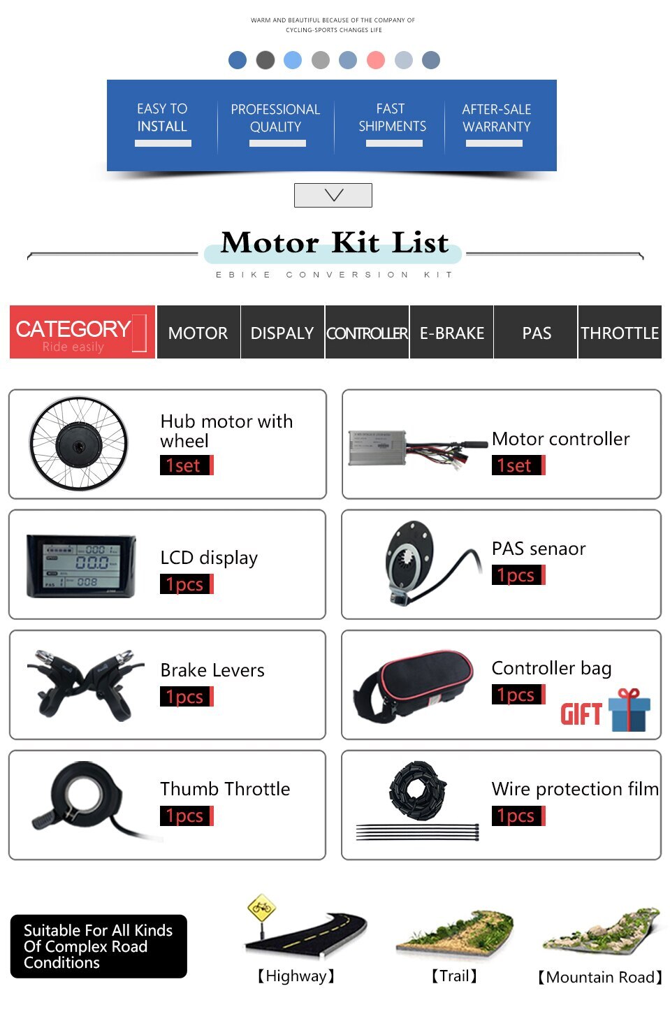 36V/48V 250W-1500W Front/Rear Wheel Hub Motor Electric Bicycle Conversion Kit