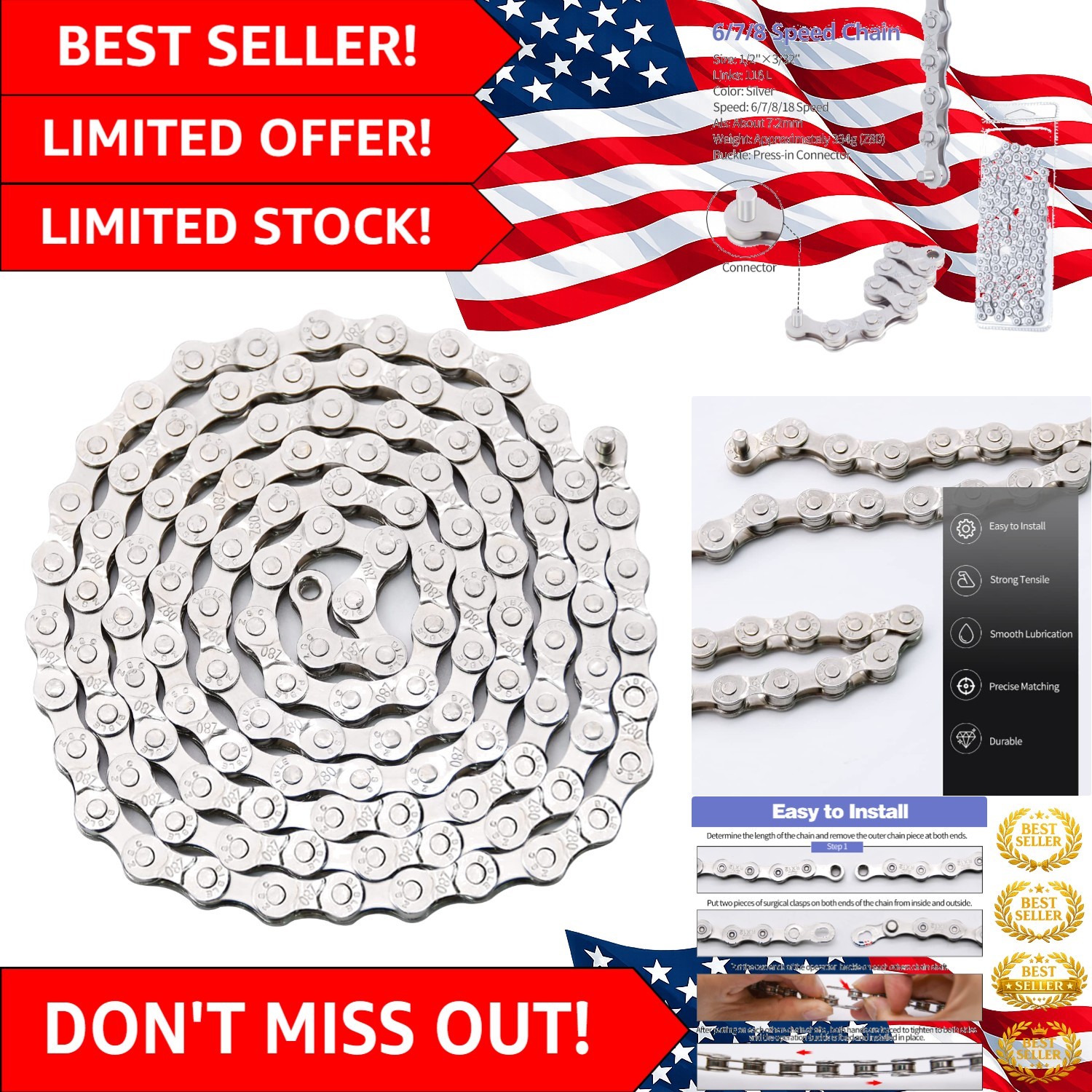 Alloy Steel 6/7/8 Speed Bike Chain – Durable, Lightweight, and Adjustable Length