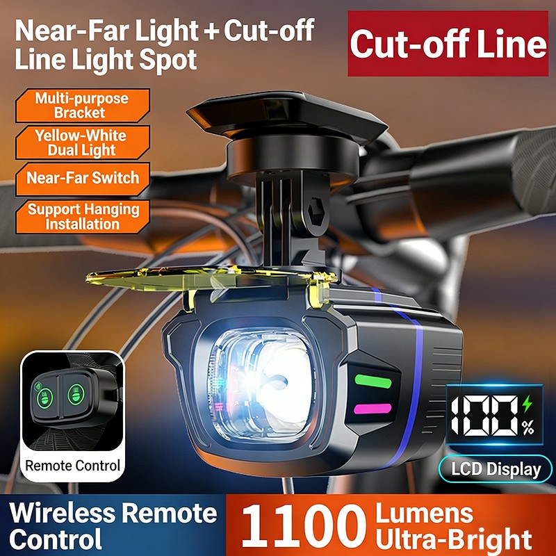 2x Bicycle Headlight 1100LM Yellow/White Dual Beam with Wireless Remote Control