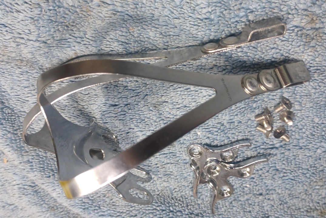 used, VGC Pair, Shimano Dura-Ace EX/AX, 3 Hole, Large Stainless Steel Toe Clips