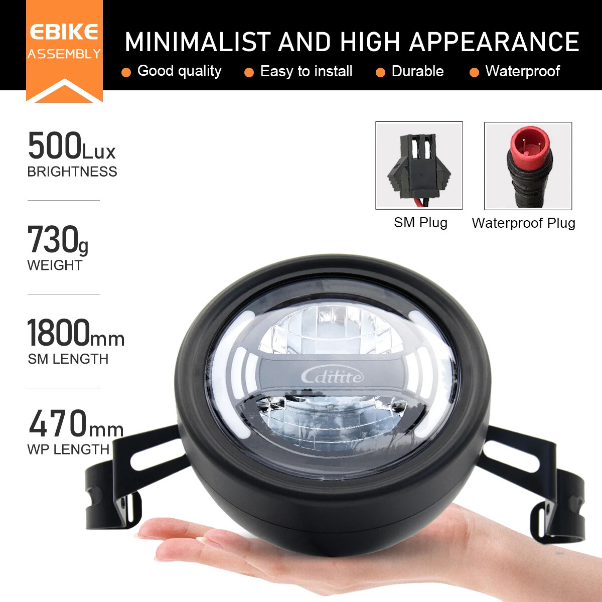 E-Bike Headlight DH009 2pin SM/Waterproof Plug 12-48V Front Light Spotlight Part