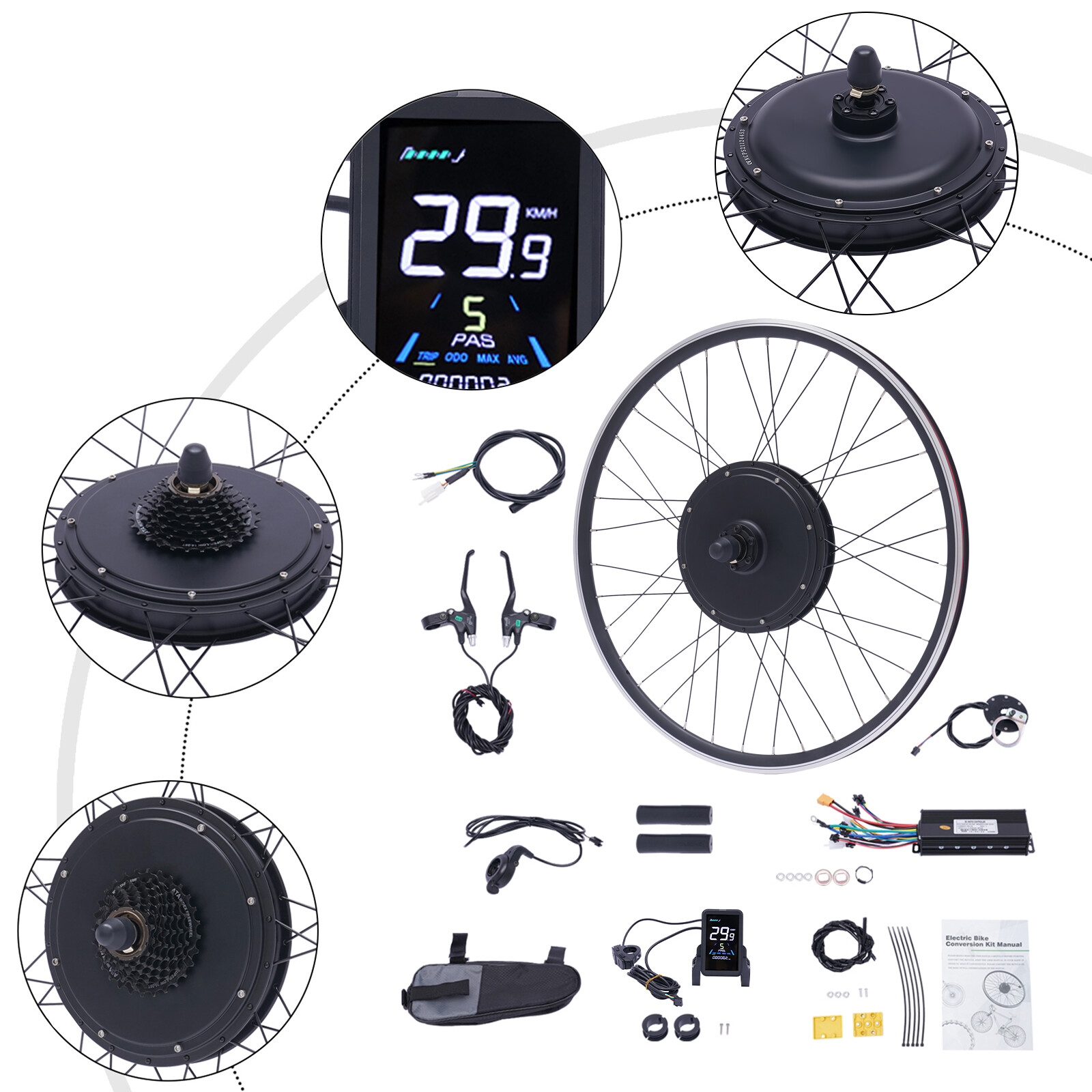 28″/29” Electric Bicycle Motor Conversion Kit Front/Rear Wheel E-Bike Hub w/ LCD