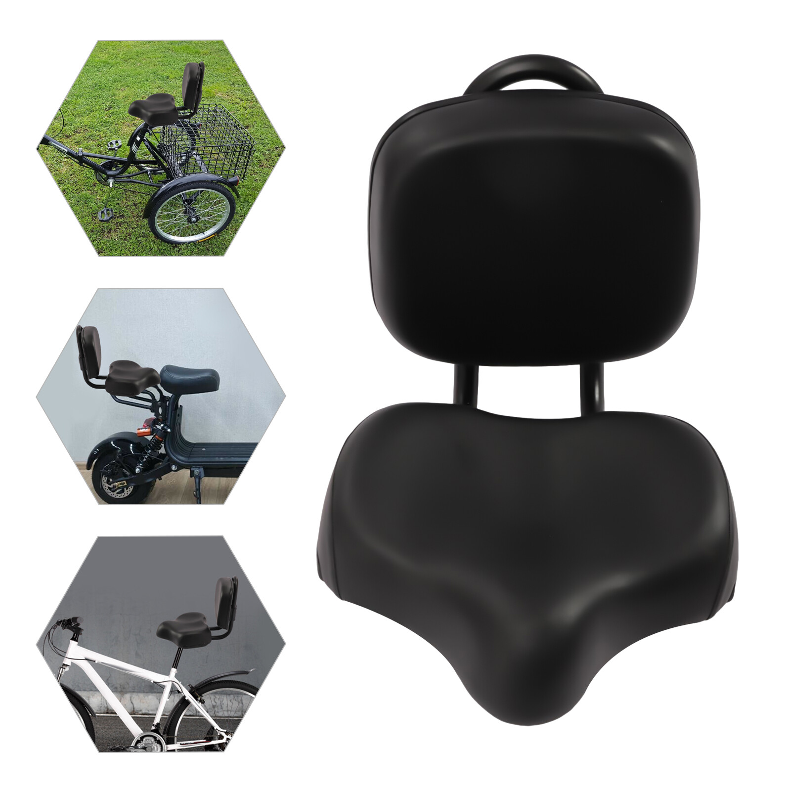 Bike Seat with Backrest Extra Wide Bicycle Tricycle Saddle Seat Support Black