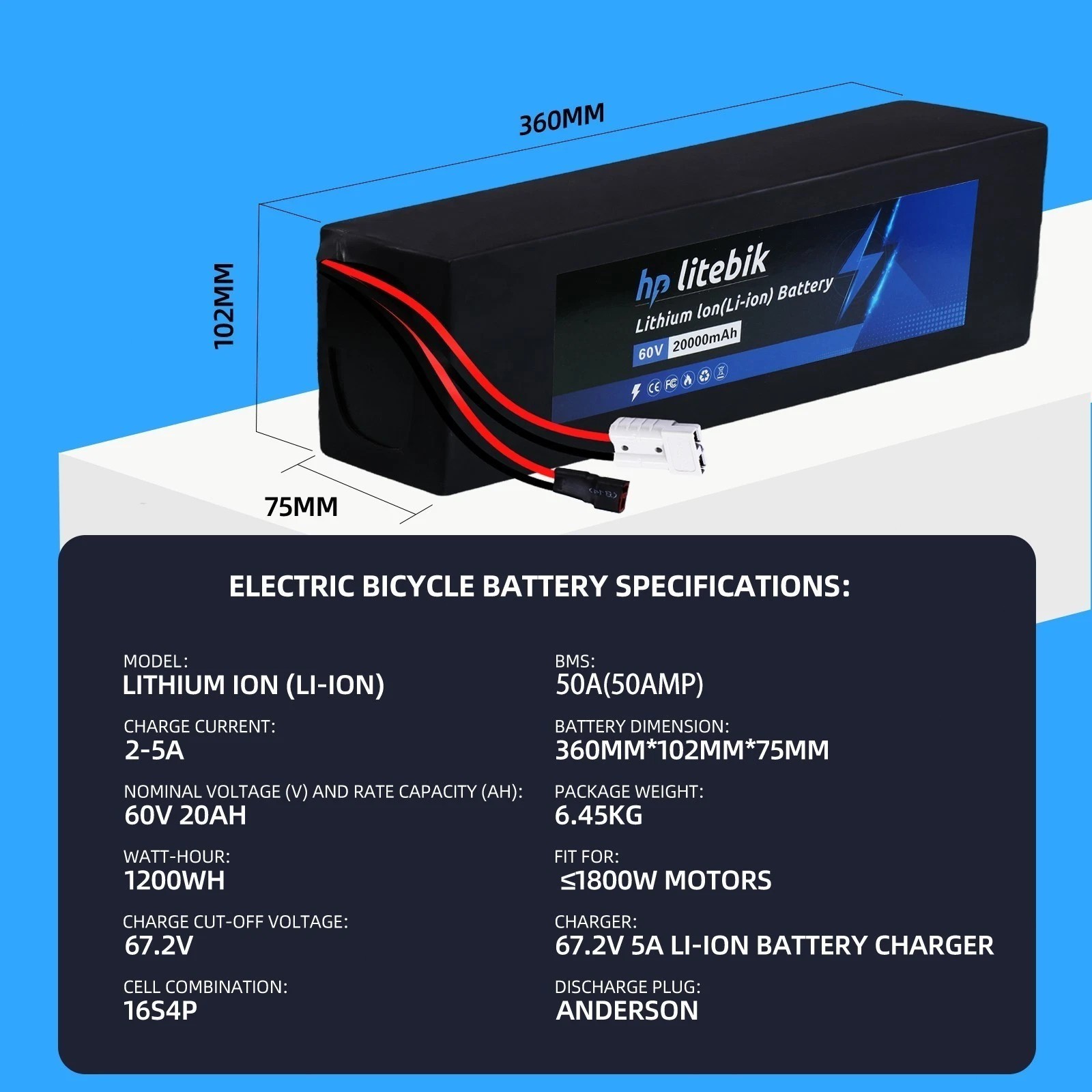 48V/52V/60V/72V Ebike Battery 20Ah/30Ah Lithium for Electric bicycle 2400W-3600W