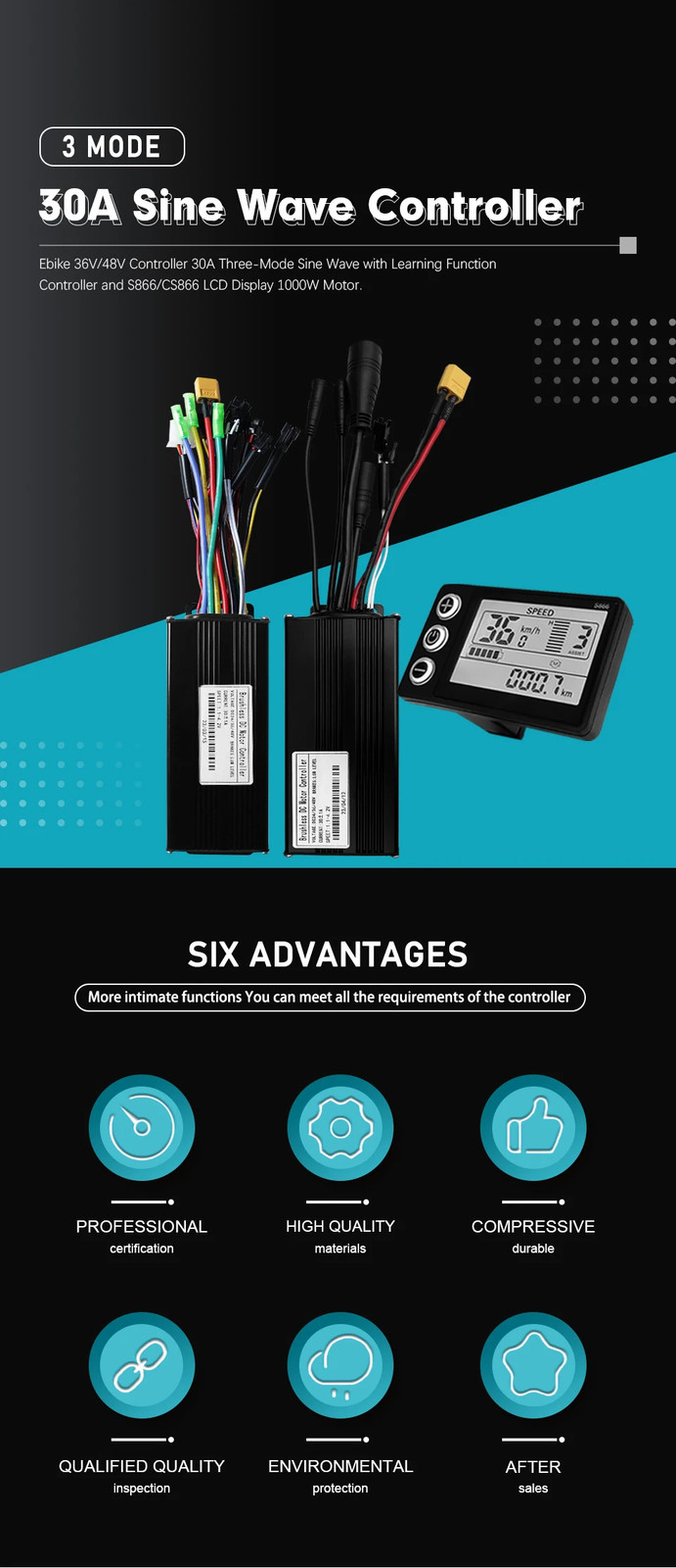 36V 48V 30A Three-Mode Sine Wave E-bike Controller SM/WP Plug with LCD Display