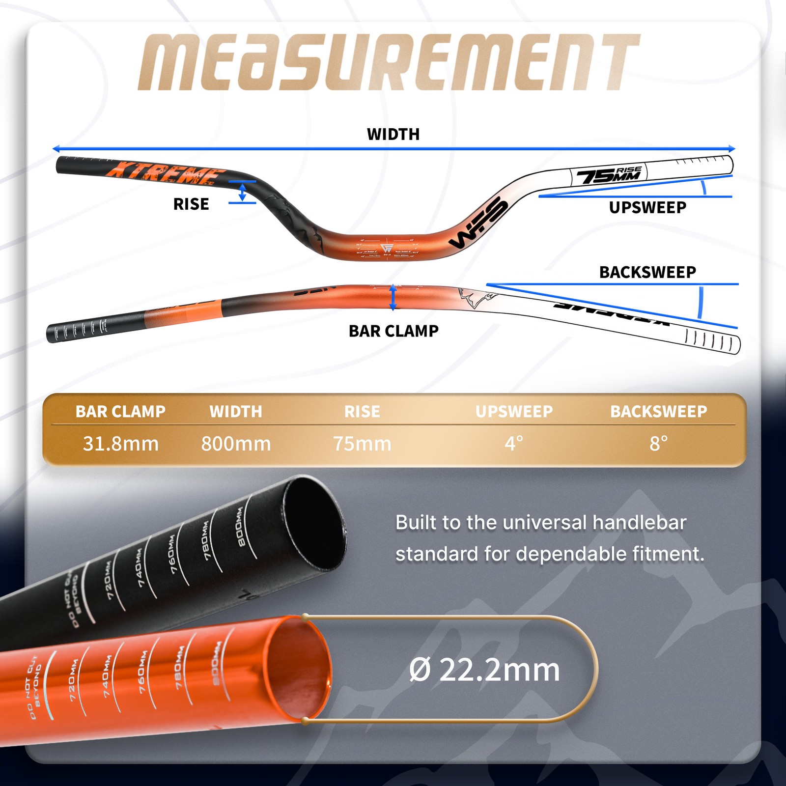 WFS Xtreme 31.8 x 800mm Handlebar 75mm Rise, Cashmoney