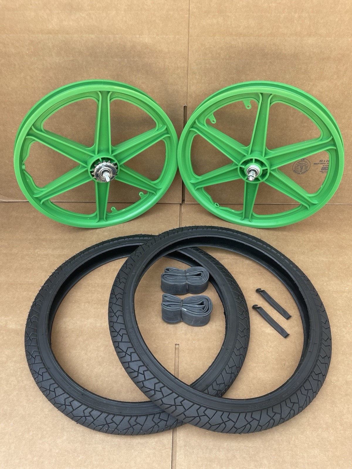 20″ Bicycle Plastic GREEN 6-spoke Mag Wheels Set Street Slick Tires GT Rims BMX
