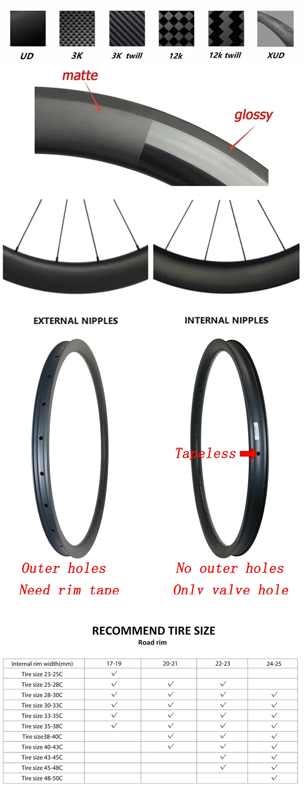 700C UD 3K 12K Carbon Rim for Road Bike Disc Brake Clincher Tubeless 20-36 Holes