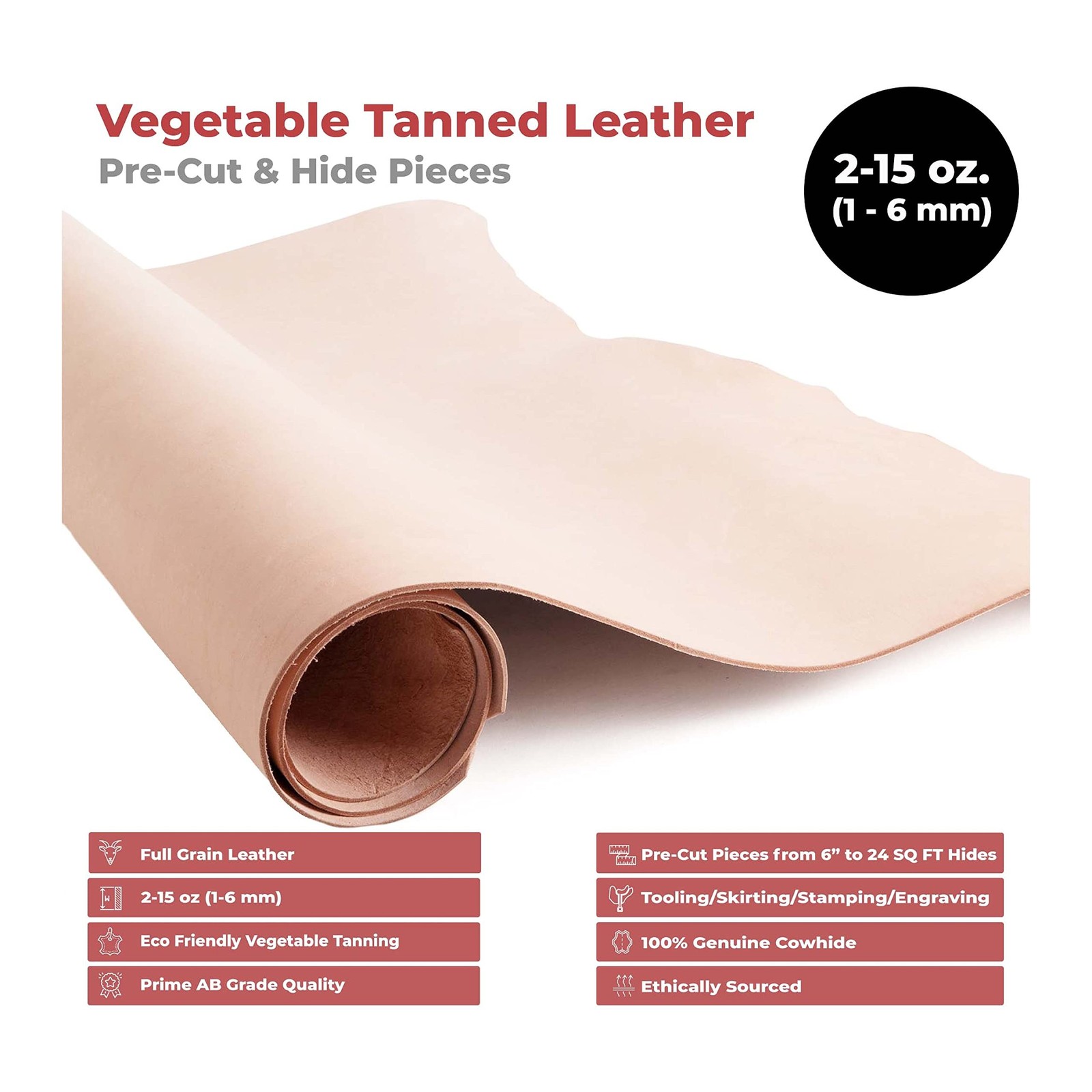 ELW 9-10 oz (3.6-4mm) Thickness Weight Pre-Cut 4-6 SQ FT Vegetable Tanned Lea…