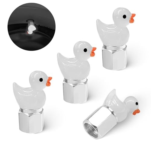 Tire Valve Stem Cap, 4 pcs Glow-in-The-Dark Cute Duckling Tire Valve Cap, White