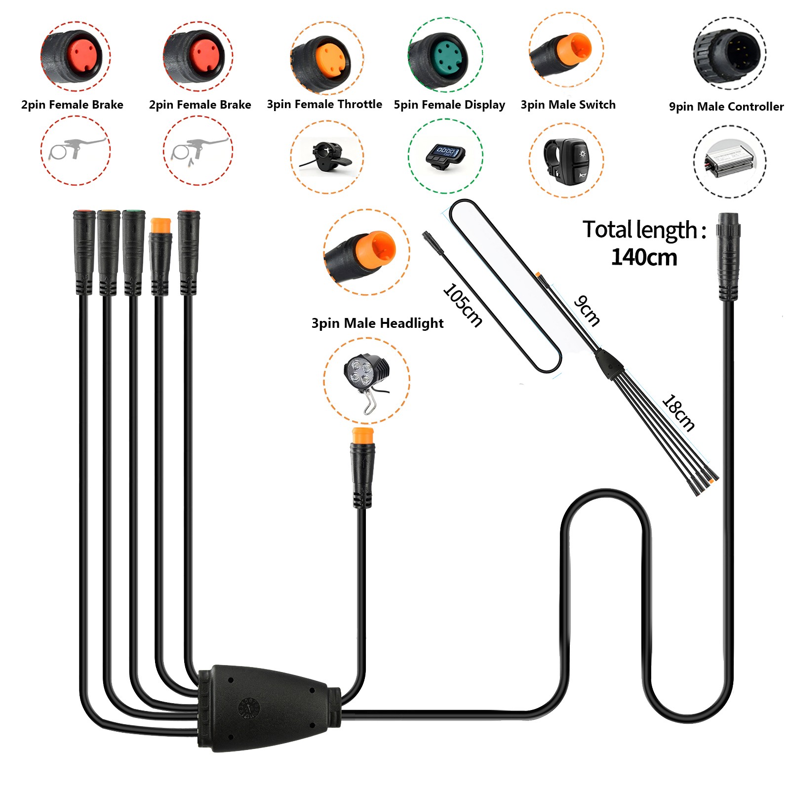 E-bike 1400mm 2T5 Extension Cable 9Pin Controller Adapter Cable Waterproof Plug