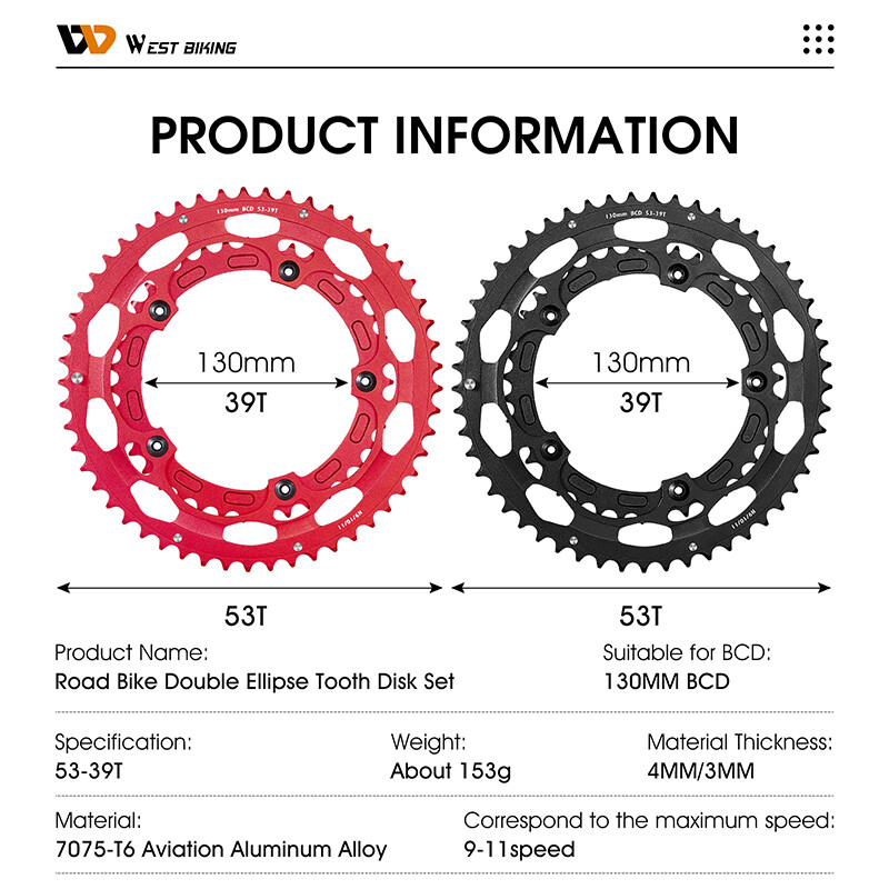 WEST BIKING Road Bike Tooth Disc Aluminum 130BCD Double Chainring 39/53T 8-11S