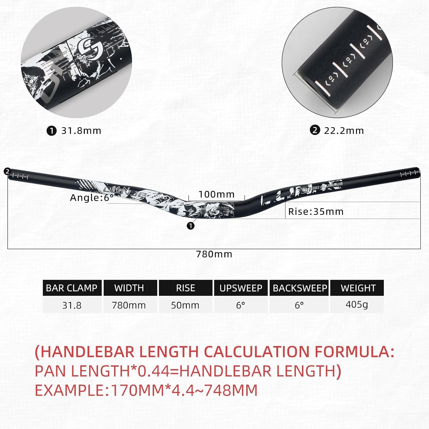 Mountain Bike Handlebar, 31.8mm, 35/50/70/90/120mm Rise Options, 780mm Cutable W