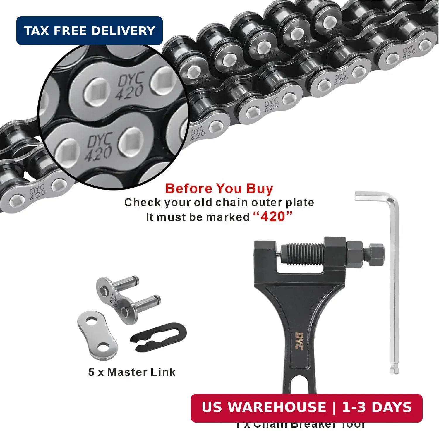 DYC 420 Chain 132 Links with 5 Master Links and Chain Breaker Tool | Cut to fit