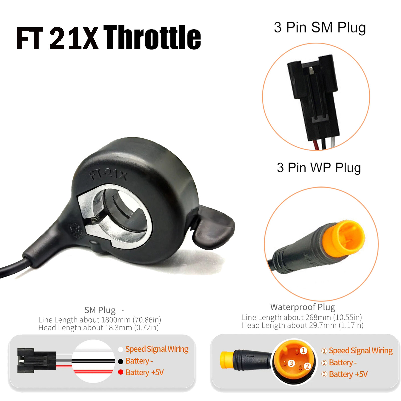 Ebike FT21X 12V 24V 36V 48V 52V 72V Speed Control Thumb Throttle WP/SM Plug