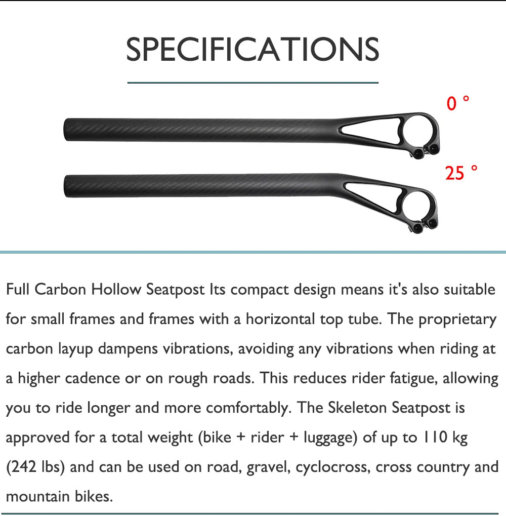 -0°/25° Fully Carbon Hollow Seat Tube Road Gravel Off-road MTB Bicycle Seatposts