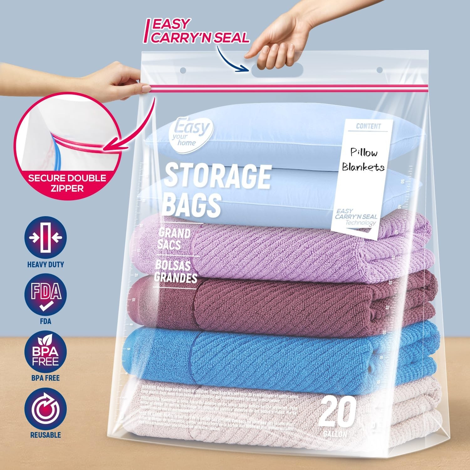 20 Gallon Jumbo Zipper Lock Plastic Bags with Handle and bottom,24″ x 31″+7″,…