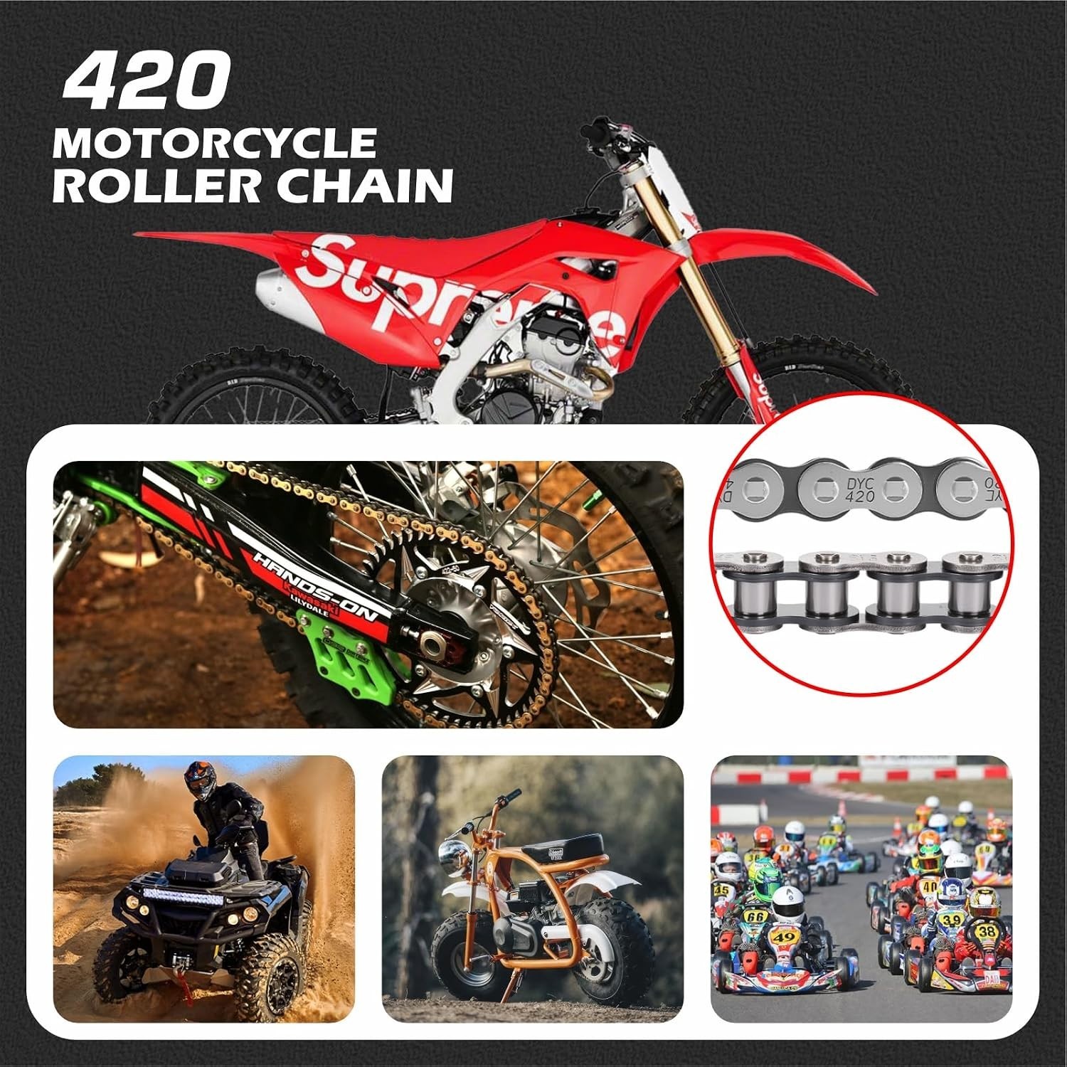 DYC 420 Chain 132 Links with 5 Master Links and Chain Breaker Tool | Cut to f…