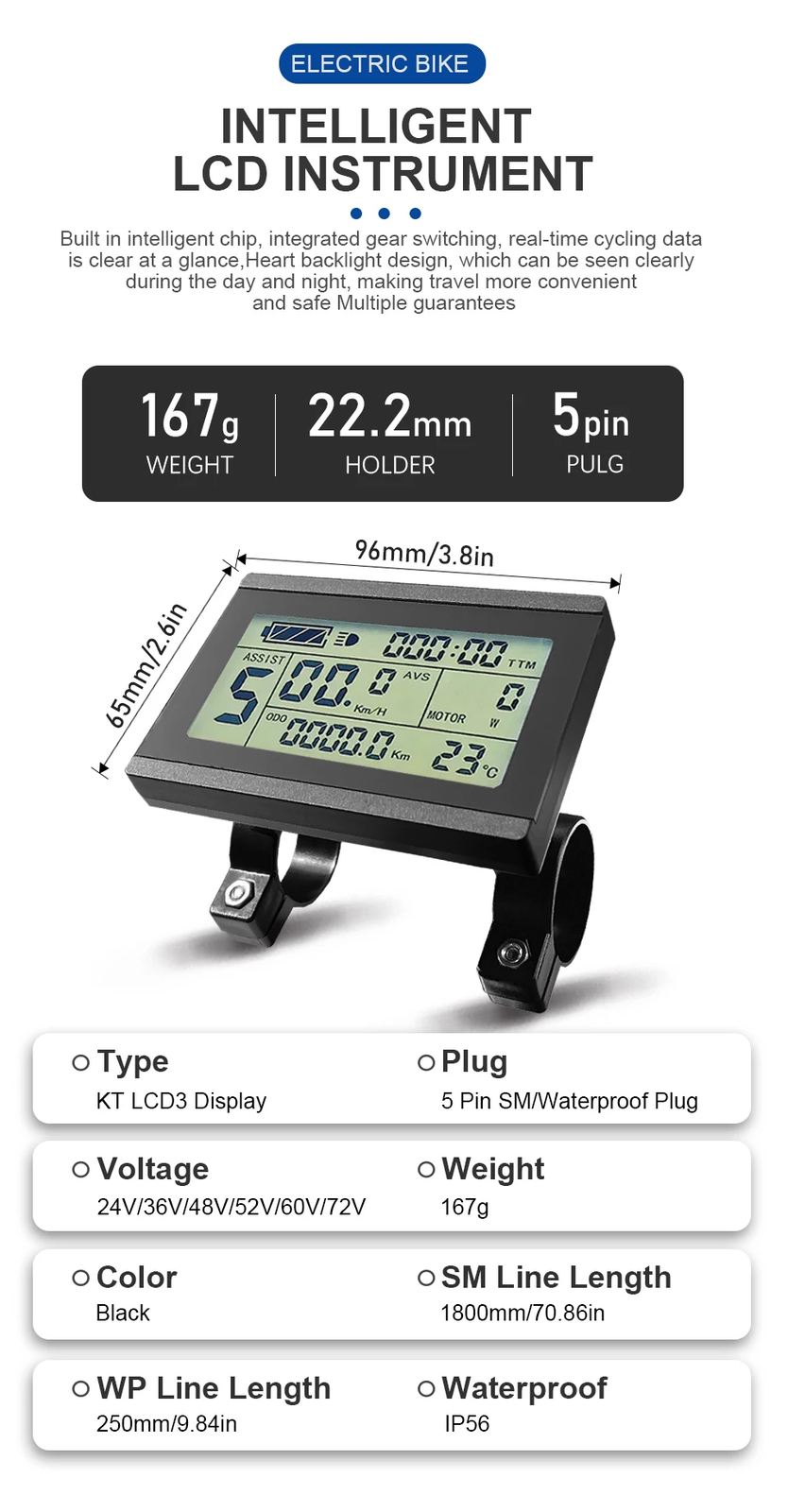 Electric Bike Intelligent Display LCD3 Waterproof SM Plug 36V 48V 52V 60V 72V