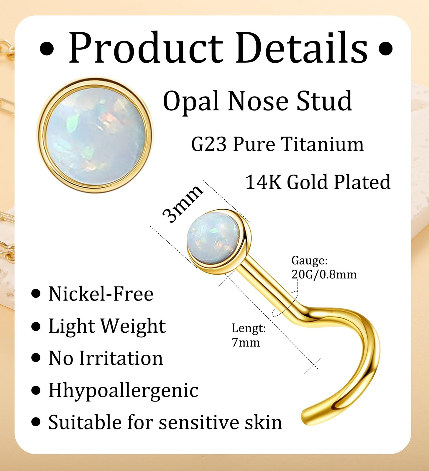 Enticera 3mm G23 Titanium Opal Nose Rings Studs Hypoallergenic L Shaped Screw…