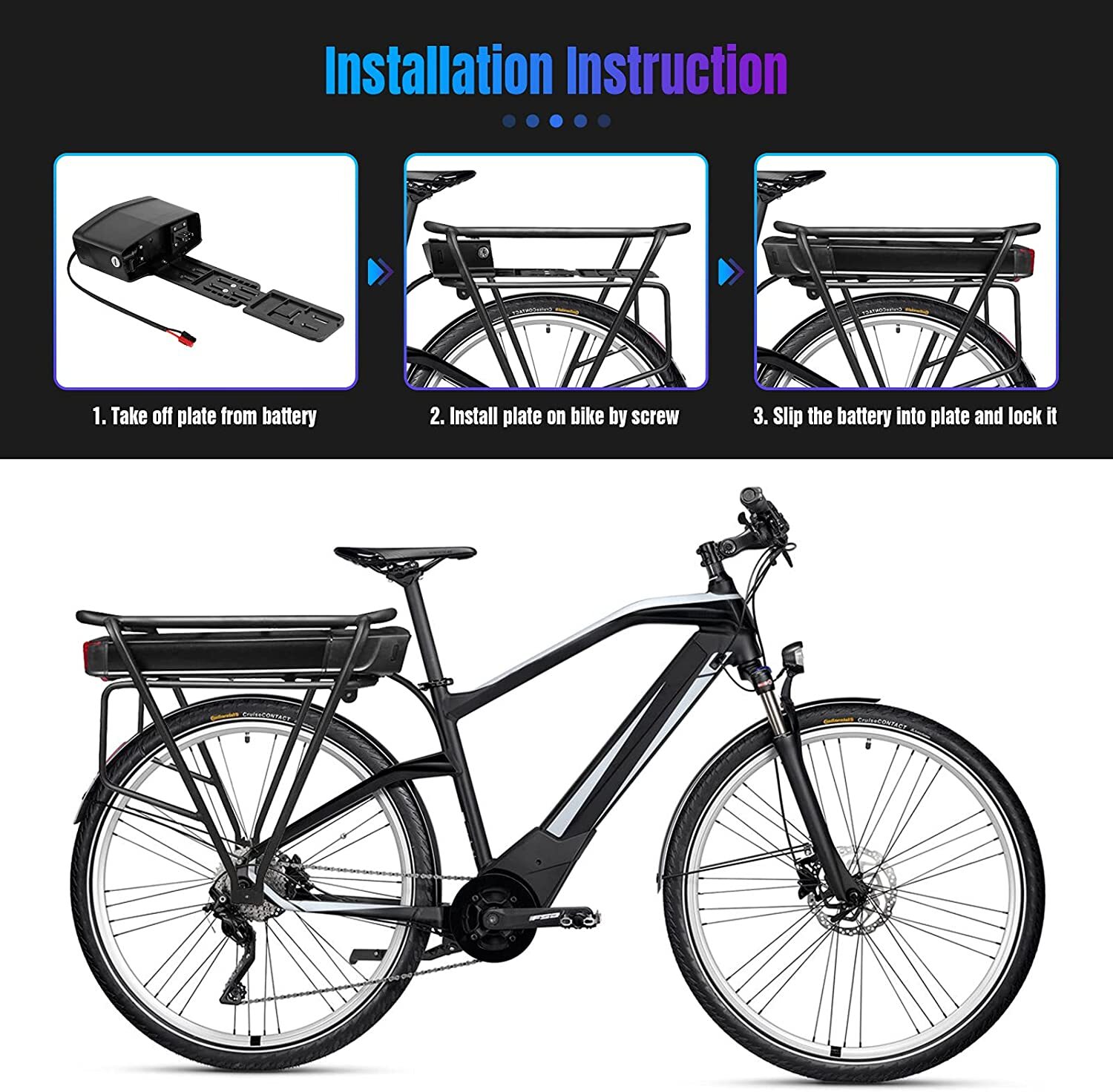 Rack Ebike Battery 36V 48V 52V 72V Battery for 0-3000W Motor with Tail Light
