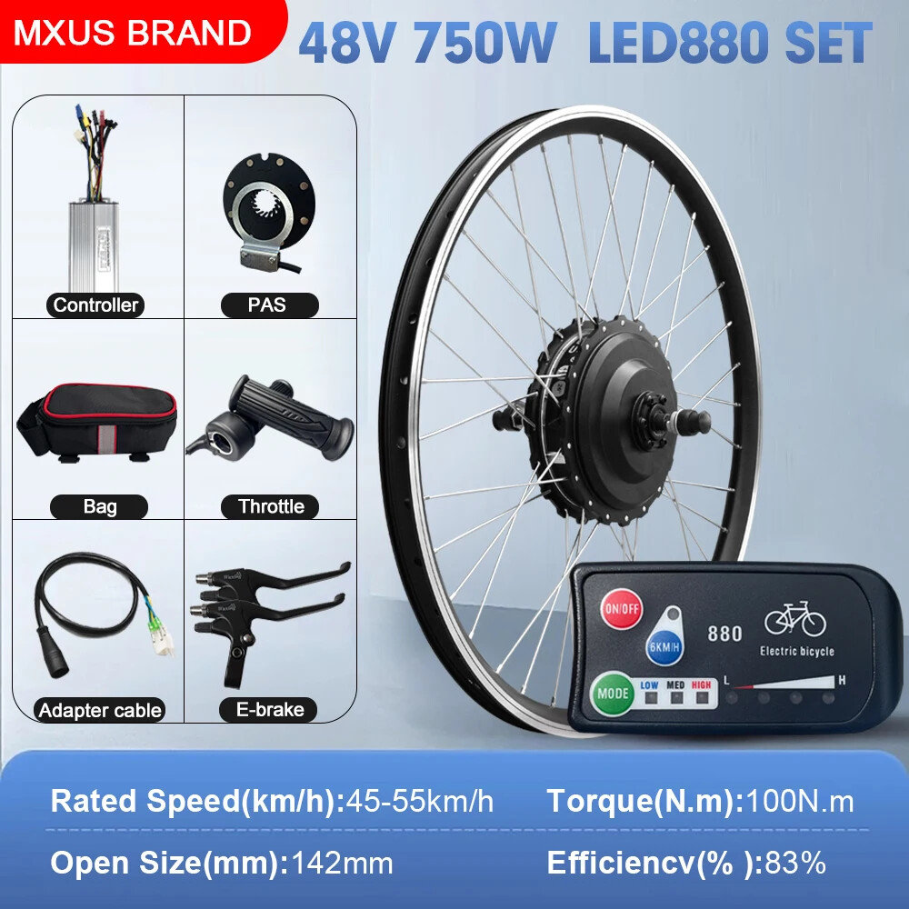 E-bike Conversion Kit 48V 750W Brushless Rear Hub Motor Wheel 20-29Inch 700C
