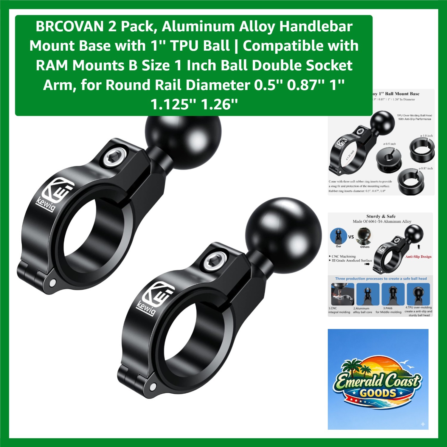 2 Pack, Aluminum Alloy Handlebar Mount Base with 1» TPU Ball | Compatible wi…