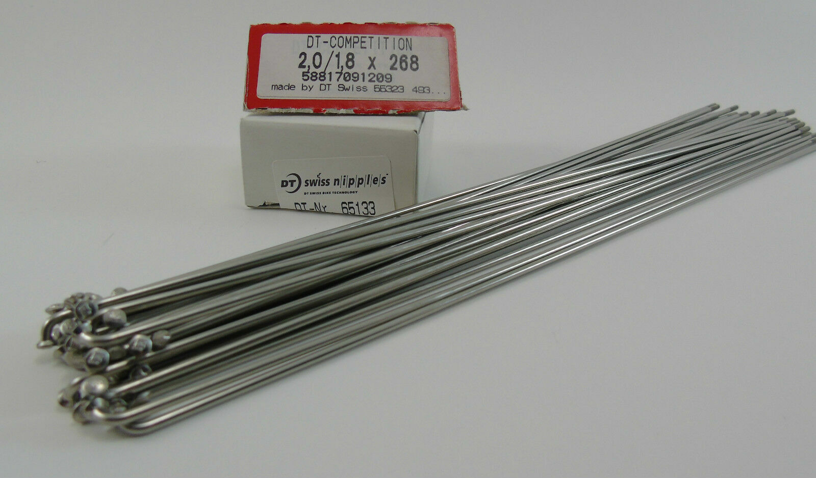 DT Competition Spokes & Brass Nipples, 268mm, 2.0/1.8 Gauge, 36 pcs, Silver, New
