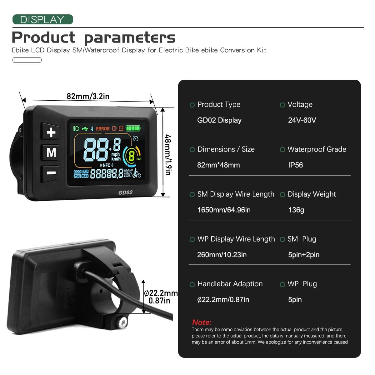 E-bike LCD Display 24V 36V 48V 52V 60V SM/WP Plug Compatible with Controllers