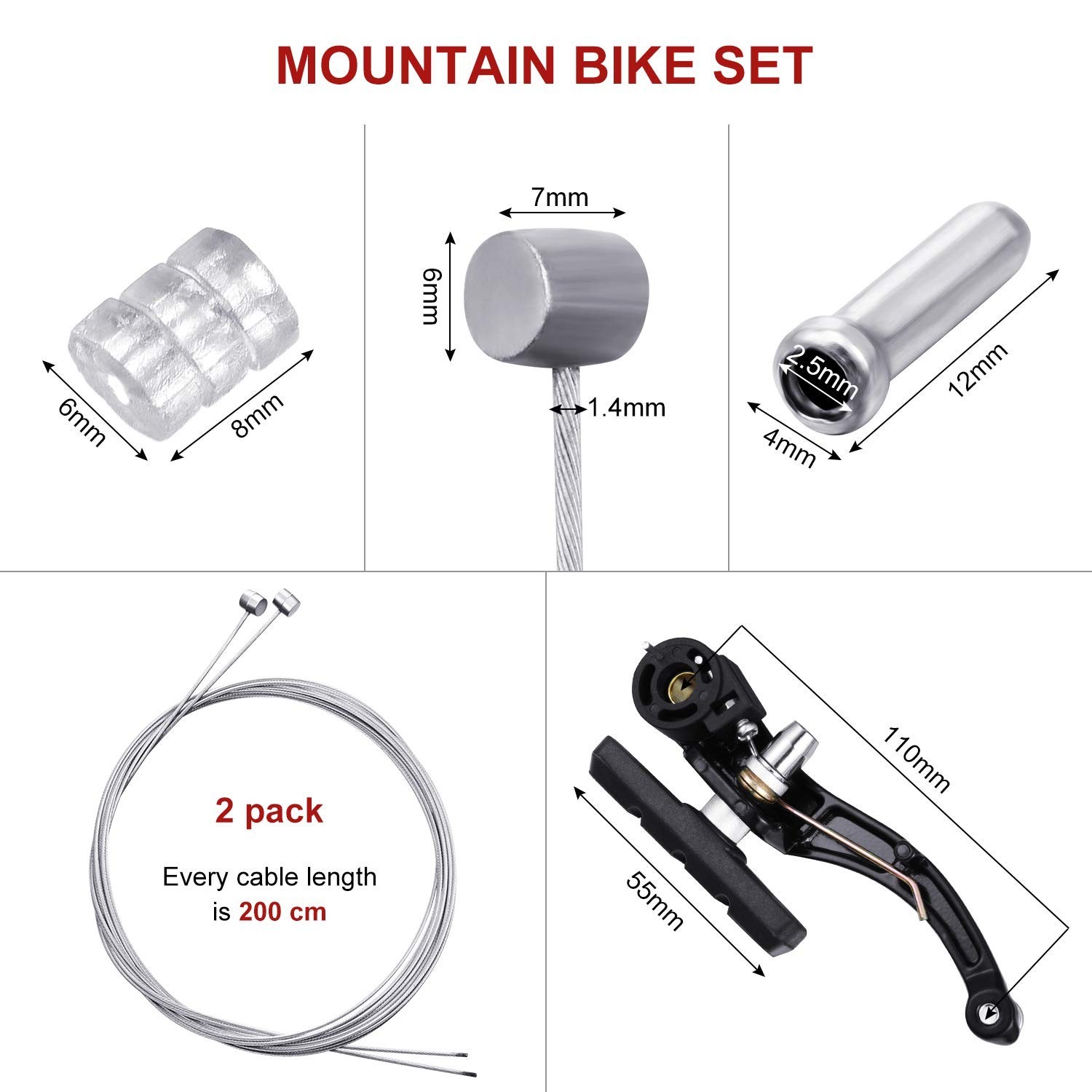Universal Mountain Bike Brake Set – 2 Pairs, Replacement Cables & Accessories