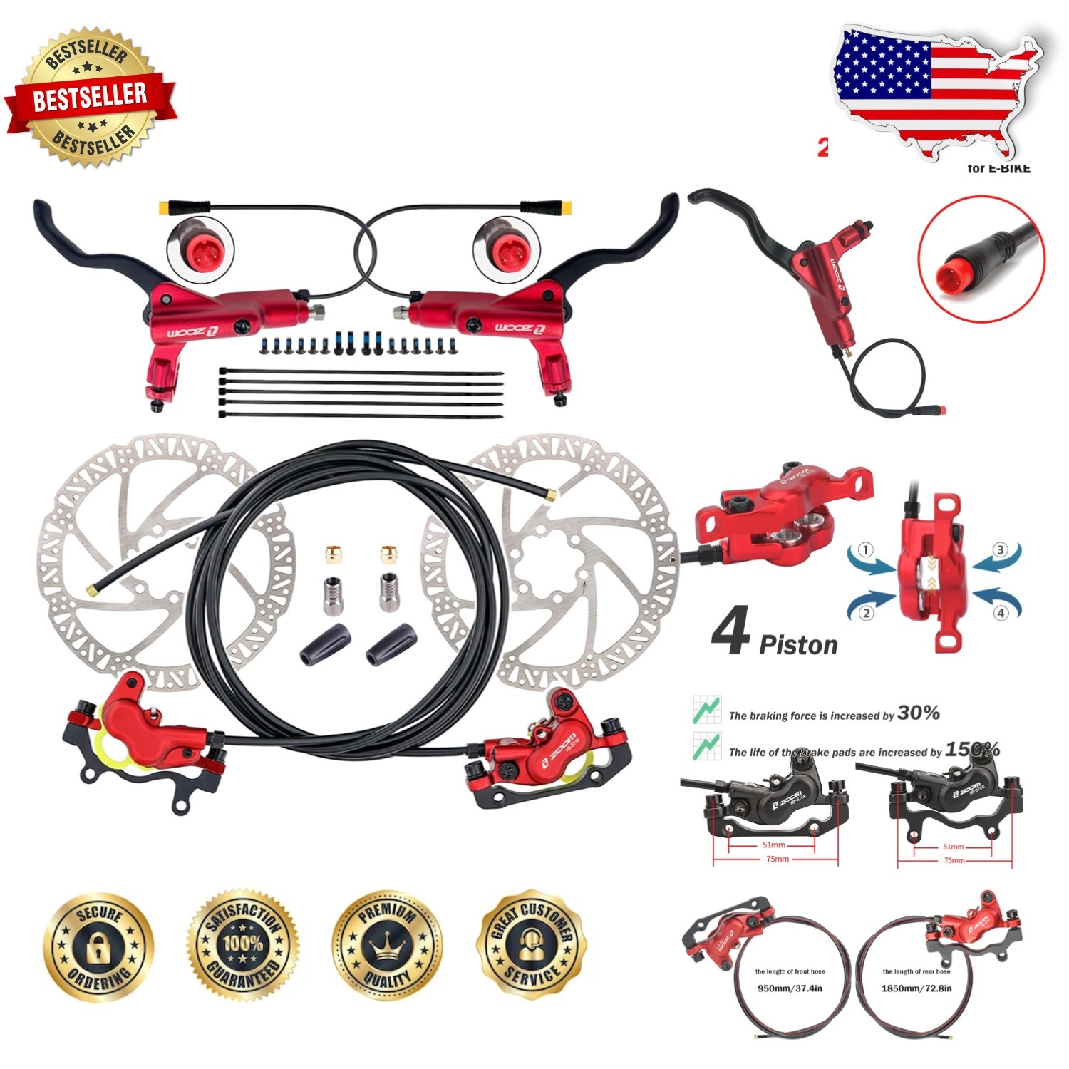 Zoom HB876E E-bike Hydraulic Brakes 180mm Rotors 4-Piston Red Pre-Bled Power-Off
