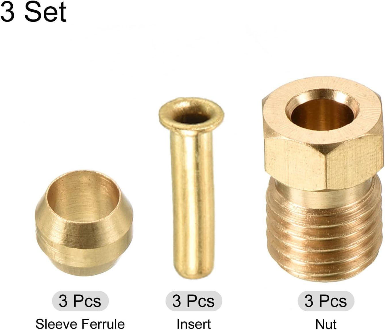 Sleeve Ferrule & Insert & Nut 2.5mm ID 4mm OD Tube Brass Compression Kit 3 Set