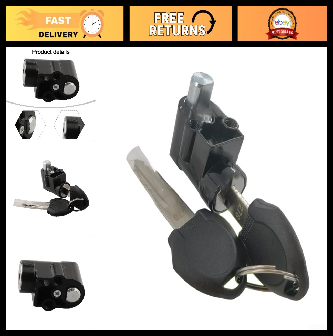 Electric Bike Battery Lock, E-Bike Ignition Key Switch, Aluminum Alloy Case, 12m