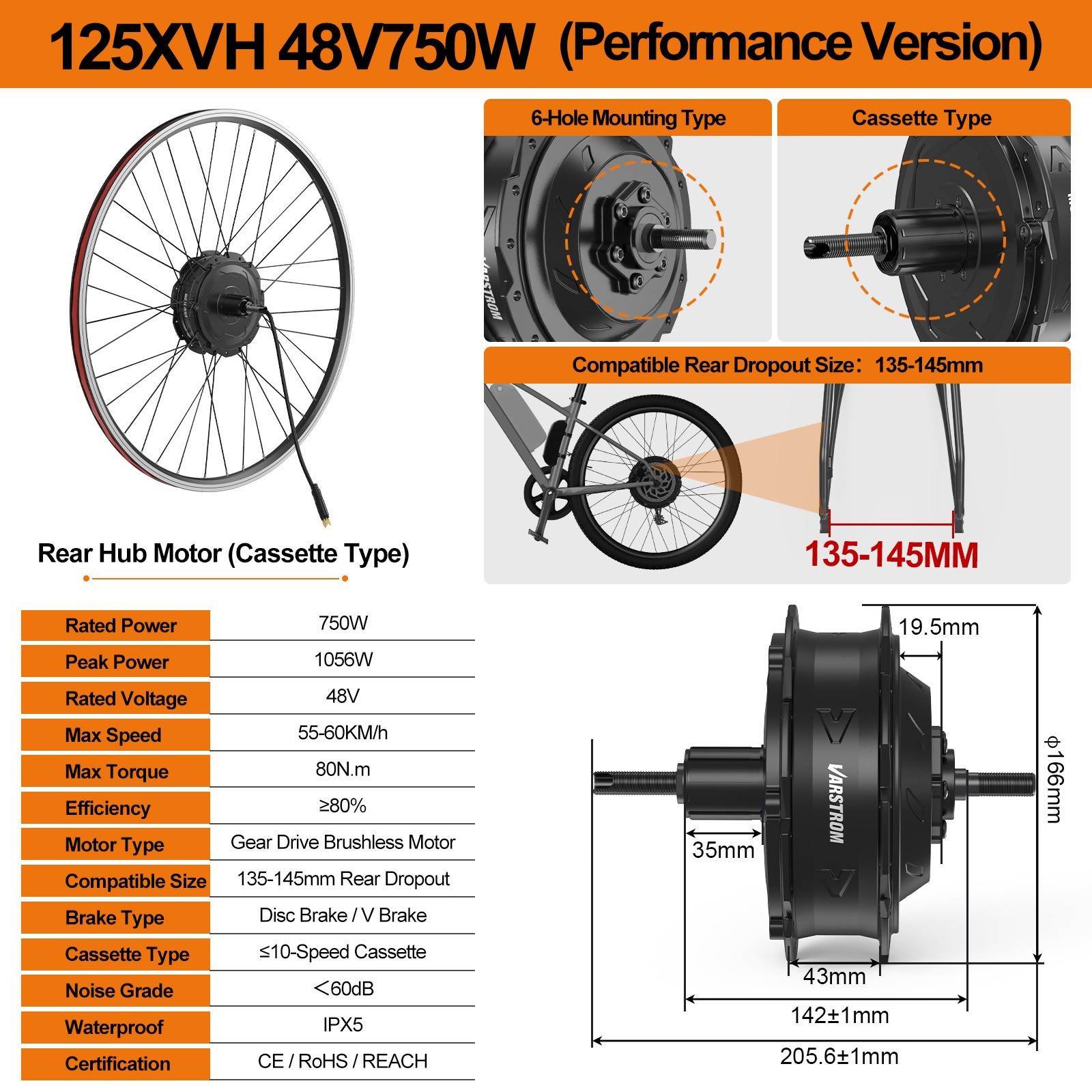 Varstrom 48V 500W 750W 20″26″27.5″700C Rear Wheel Hub Motor Ebike Kits Brushless
