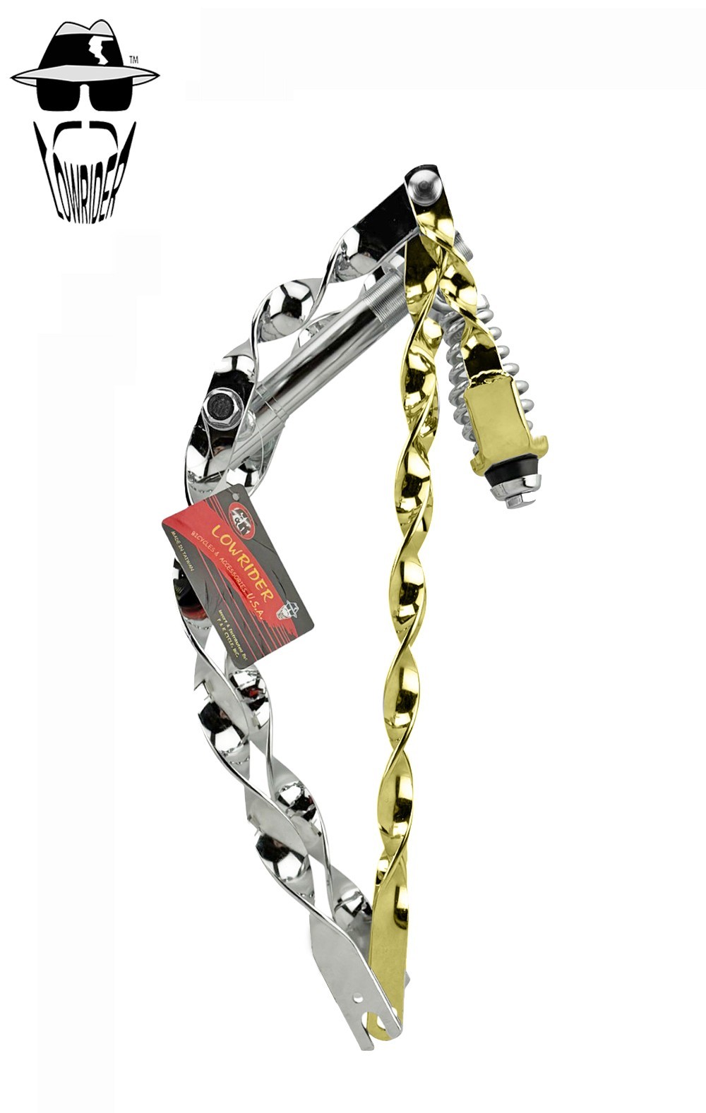 20″ VINTAGE LOWRIDER DROP-DOWN CHROME FLAT TWISTED SPRING FORK WITH GOLD PARTS.