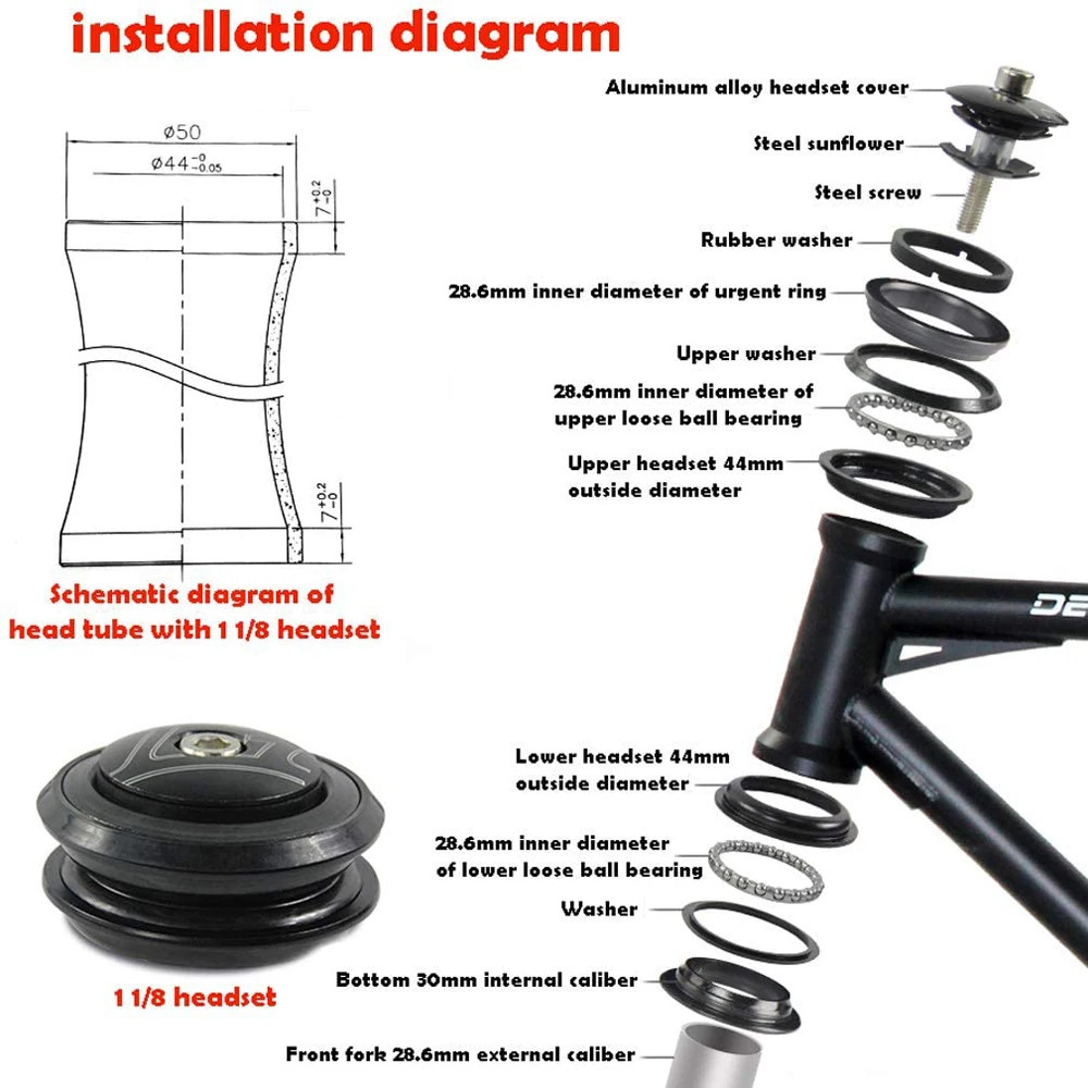 44MM Bike Threadless Headset Aluminum Alloy MTB Road Bicycle Fork Part