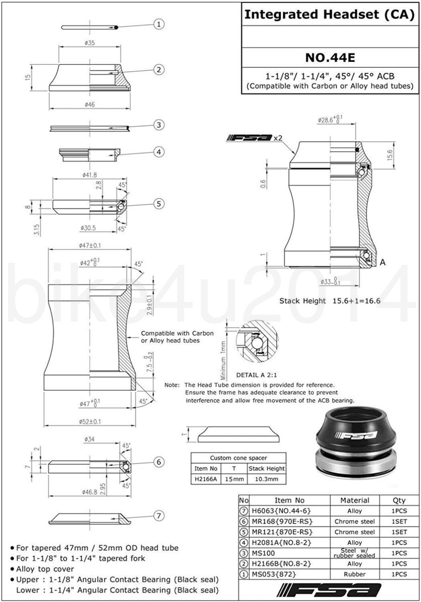 FSA No.44E Integrated Headset, 1-1/8″ to 1-1/4″, OD 47mm/52mm, w/top cap